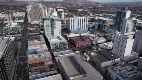 Reno,-Nevada-USA,-Establishing-Drone-Shot-of-Downtown-Buildings-and-Casinos