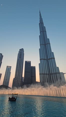 El-Edificio-Más-Alto-Del-Mundo,-Burj-Khalifa,-Frente-A-La-Deslumbrante-Exhibición-Del-Espectáculo-De-La-Fuente-De-Dubai-En-El-Dubai-Mall,-Emiratos-Árabes-Unidos.