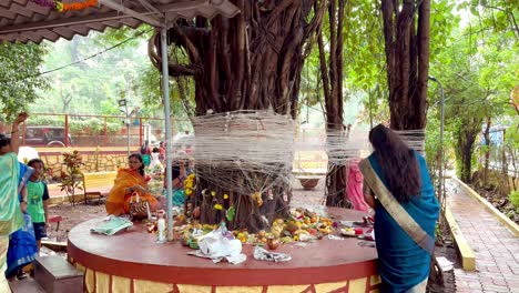 Hindu-women-performing-rituals-of-Vatasavitri,-offering-prayers-for-their-husbands'-long-life