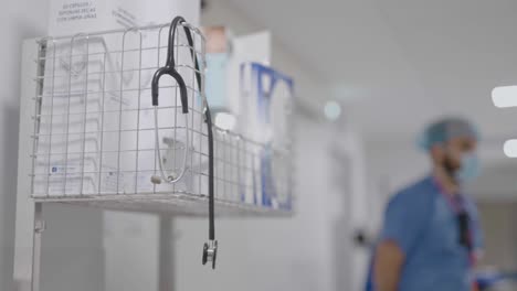 Shot-of-stethoscope-hanging-at-cardiology-department-in-French-hospital