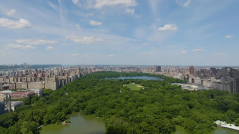 Aerial-view-flying-over-the-Central-park,-summer-day-in-Manhattan,-New-York,-USA