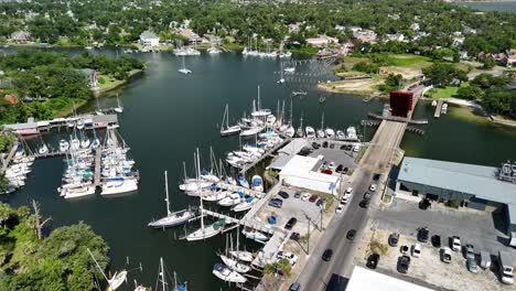 Panoramic-Aerial-View-Of-Bristol-Harbor-Marina-In-Panama-Downtown,-Florida,-United-States