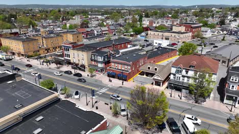 Aerial-angled-view-of-main-street-of-small-American-town