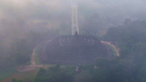 Aerial-scenery-of-Borobudur-Temple-in-foggy-weather