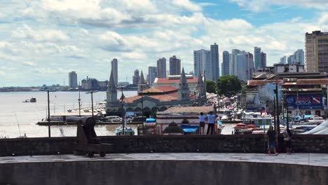 Brazil,-Belem,-The-Ver-o-Peso-Market-and-Surroundings:A-view-from-Forte-do-Presépio-towards-the-Ver-o-Peso-market-on-the-Amazon-River's-edge,-showcasing-the-historic-fort-bustling-riverside-market