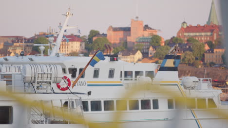 Stockholms-öffentliche-Fähre-Fährt-In-Den-Hafen-Ein,-Telebild-Bild