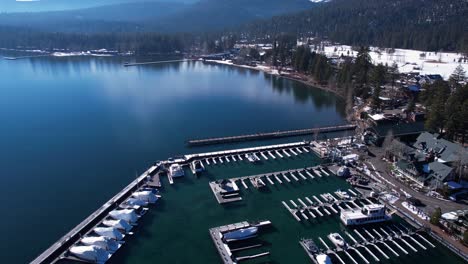 Aerial-View-of-Lake-Tahoe-Marina-in-Winter-Season,-California-USA,-Drone-Shot