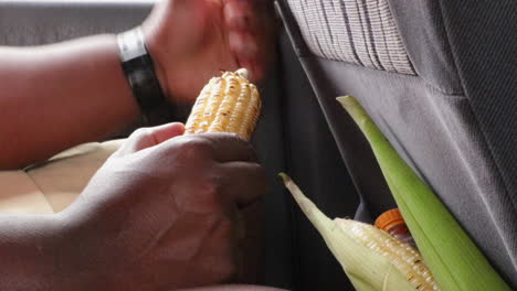 Hombre-Comiendo-Mazorcas-De-Maíz-En-Un-Coche.