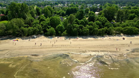 Aerial-drone-shot-over-lush-green-vegetation-alongside-the-sea-with-tourists-walking-around-the-sandy-beach-on-a-sunny-day