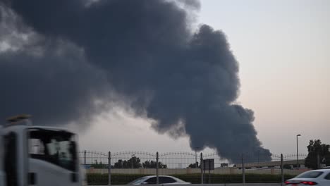 The-smoke-rising-high-into-the-sky-from-a-huge-fire-that-took-place-in-an-industrial-area-in-Sharjah,-United-Arab-Emirates