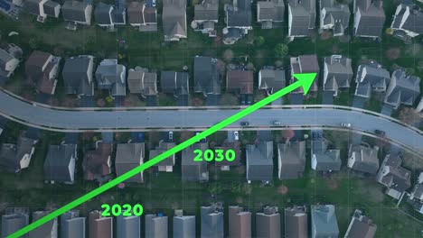 Aerial-view-of-a-suburban-neighborhood-with-single-family-homes-and-a-green-arrow-overlay-indicating-population-growth-and-rising-housing-market-trends