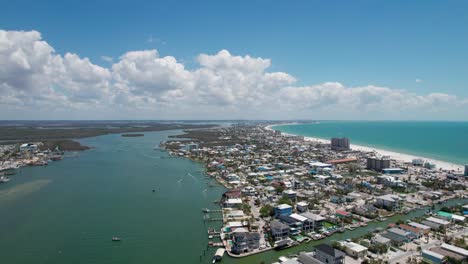 High-elevation-drone-shot-of-the-harbor-inside-Fort-Myers-Beach