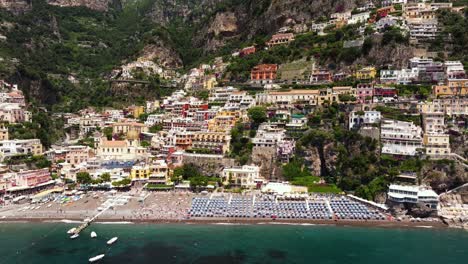 Amazing-Aerial-View-Above-Positano-Beach---Amalfi-Coast,-Italian-Destination