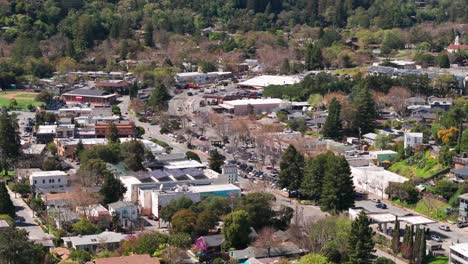 telephoto-drone-shot-over-Fairfax,-California-on-a-sunny-day