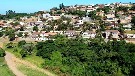 Drone-moving-up-over-a-bush-then-some-residential-houses-with-a-clear-view-of-the-ocean-in-the-background