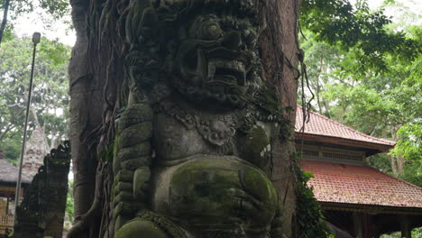 Escultura-Cubierta-De-Musgo-Junto-Al-árbol-En-El-Santuario-Del-Bosque-Sagrado-De-Los-Monos-En-Bali,-Indonesia