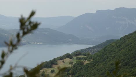 Lake-Bourget-in-east-France,-Aix-les-Bains,-elevated-point-of-view-green-hill