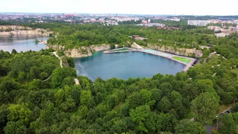 Zakrzówek-Quarry-Lake-In-Krakow,-Poland---Aerial-Drone-Shot