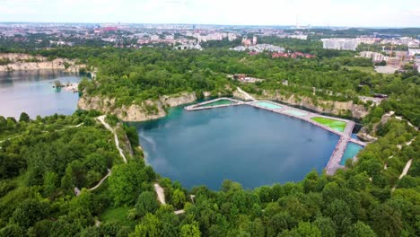 Zakrzowek-Lake-Natural-Swimming-Pool-Near-Krakow,-Poland---Aerial-Shot