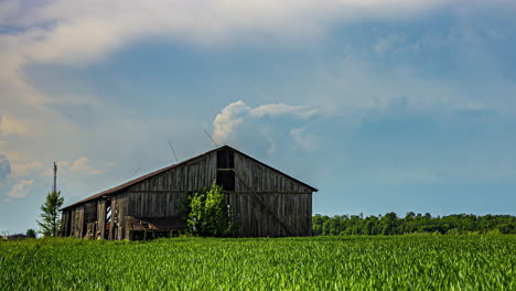 Broken-wooden-shed-in-green-meadow-panorama-with-cloudscape,-timelapse