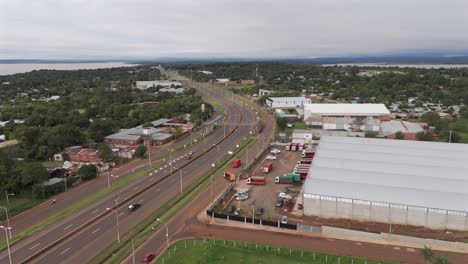 Majestic-aerial-view-of-the-road-landscape-in-Posadas,-Misiones,-Argentina,-captured-by-a-drone-orbiting-above-the-collectors-and-highways