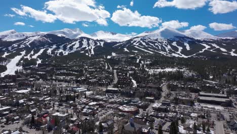 Slow-drone-shot-looking-down-at-main-street-in-Breckenridge,-Colorado