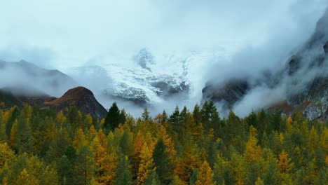 Moody-Saastal-Saas-Fee-Switzerland-aerial-drone-foggy-cloudy-rainy-Larch-forest-beautiful-Fall-Autumn-Swiss-Alps-mountain-peaks-glacier-valley-Zermatt-The-Matterhorn-upward-motion