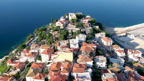 Kavala-Panagia-Greece-old-City-View-Aerial-Reveal-Shot-of-Aegean-Sea,-from-Old-Town-Center