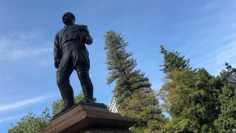 Captain-James-Stirling-Statue---oblique-low-angle-pine-trees,-Stirling-Gardens,-Perth,-WA