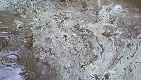 Close-up-shot-of-a-dirt-flowing-and-floating-in-polluted-water-after-heavy-rainfall-on-a-cloudy-day