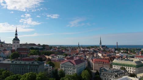 Drone-footage-of-Tallinn,-Europe-old-city-and-central-city-panning-from-right-to-left