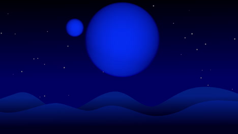 Abstrakte-Animationsansicht-Eines-Blauen-Nachthimmels-Mit-Farbverlauf,-Sternen-Und-Einem-Aufgehenden-Planeten-Mit-Einem-Mond