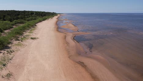 Una-Impresionante-Vista-Desde-Un-Dron-De-La-Costa-Del-Mar-Báltico,-Que-Muestra-Las-Extensas-Playas-De-Arena-Y-Los-Exuberantes-Bosques-Verdes-Adyacentes.