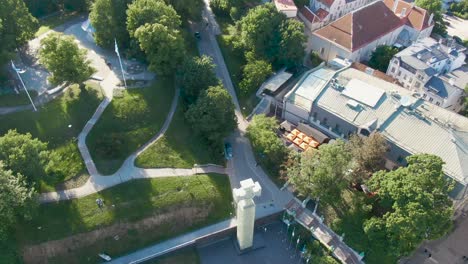 A-drone-shot-of-a-victory-monument-at-Freedom-square-in-Tallinn-Estonia,-located-in-Europe-Baltics