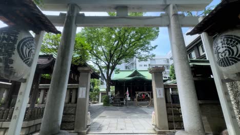 Traditional-Japanese-torii-gate-under-a-clear-blue-sky-with-lush-green-trees