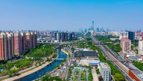 Hyper-lapse-financial-center,-international-trade-business-circle,-modern-cityscape,-Downtown-office-district-high-commercial-and-residential-skyscraper-buildings-in-modern-megapolis