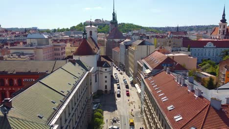 Aerial-pan-above-calm-town-of-Brno-Czech-Republic-on-sunny-day-with-peaceful-streets