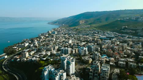 Tiberias-and-the-Sea-of-​​Galilee-in-an-amazing-drone-shot,-at-sunset
