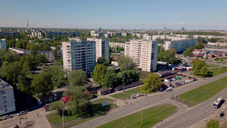 Aerial-footage-of-the-Purvciems-neighborhood-showcasing-USSR-era-architecture-in-Riga,-Latvia