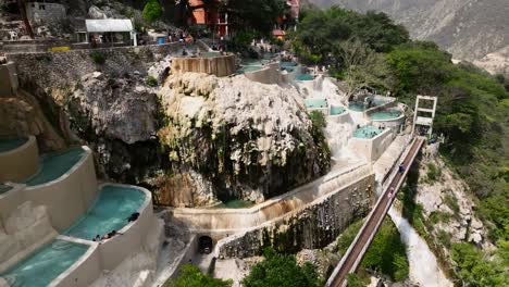 Aerial-panoramic-flight-over-hot-springs-pools-and-waterfall-at-Grutas-de-Tolantongo,-Hidalgo,-Mexico