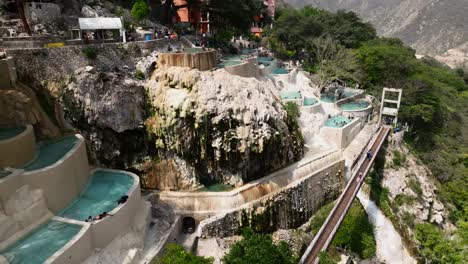 Panorama-Luftflug-über-Thermalbecken-Und-Wasserfall-Bei-Grutas-De-Tolantongo,-Hidalgo,-Mexiko