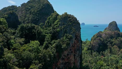 Limestone-Cliff-Rocks-At-Railay-Beach-In-Krabi,-Thailand---Aerial-Drone-Shot