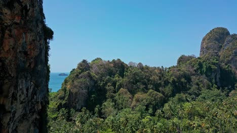 Exuberante-Vegetación-Tropical-En-La-Playa-Railay-En-Tailandia---Disparo-Aéreo-De-Drones