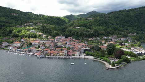 Panoramic-aerial-of-Italian-town-on-Lake-Orta-in-Piedmont-region,-Italy