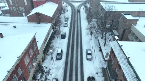 Top-down-aerial-shot-of-American-town-in-snow