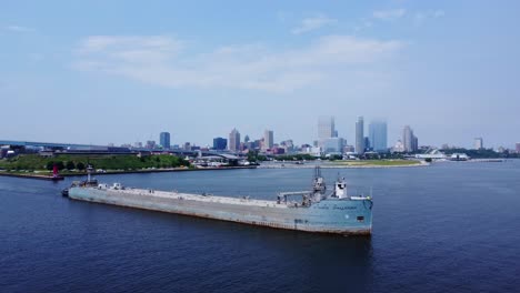 Frachtschiff-Verlässt-Den-Kommerziellen-Schifffahrtsknotenpunkt-Im-Hafen-Von-Milwaukee