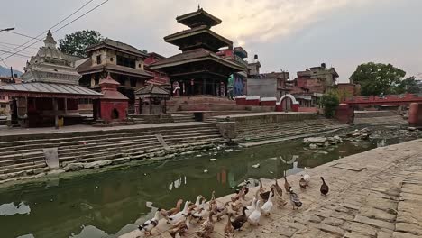 Mit-Blick-Auf-Die-Tempel-Des-Historischen-Tempelbezirks-Panauti-Ghat-Am-Ufer-Des-Verschmutzten-Flusses-Punyamata