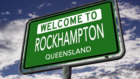 Willkommen-In-Rockhampton,-Queensland,-Australien,-Stadtstraßenschild,-Realistische-3D-Animation