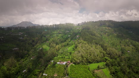 Drone-Se-Eleva-Sobre-Una-Granja-De-Frutas-Y-Vegetación-En-La-Ladera-De-La-Montaña-Con-El-Monte-Batur,-Indonesia