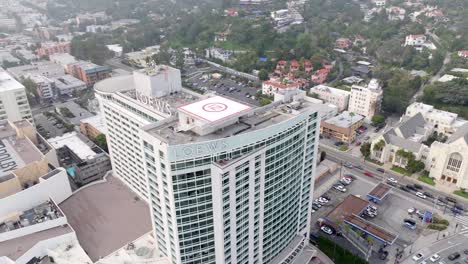 Aerial-view-of-Loews-hotel-at-the-intersection-of-Hollywood-and-Highland,-Los-Angeles,-California